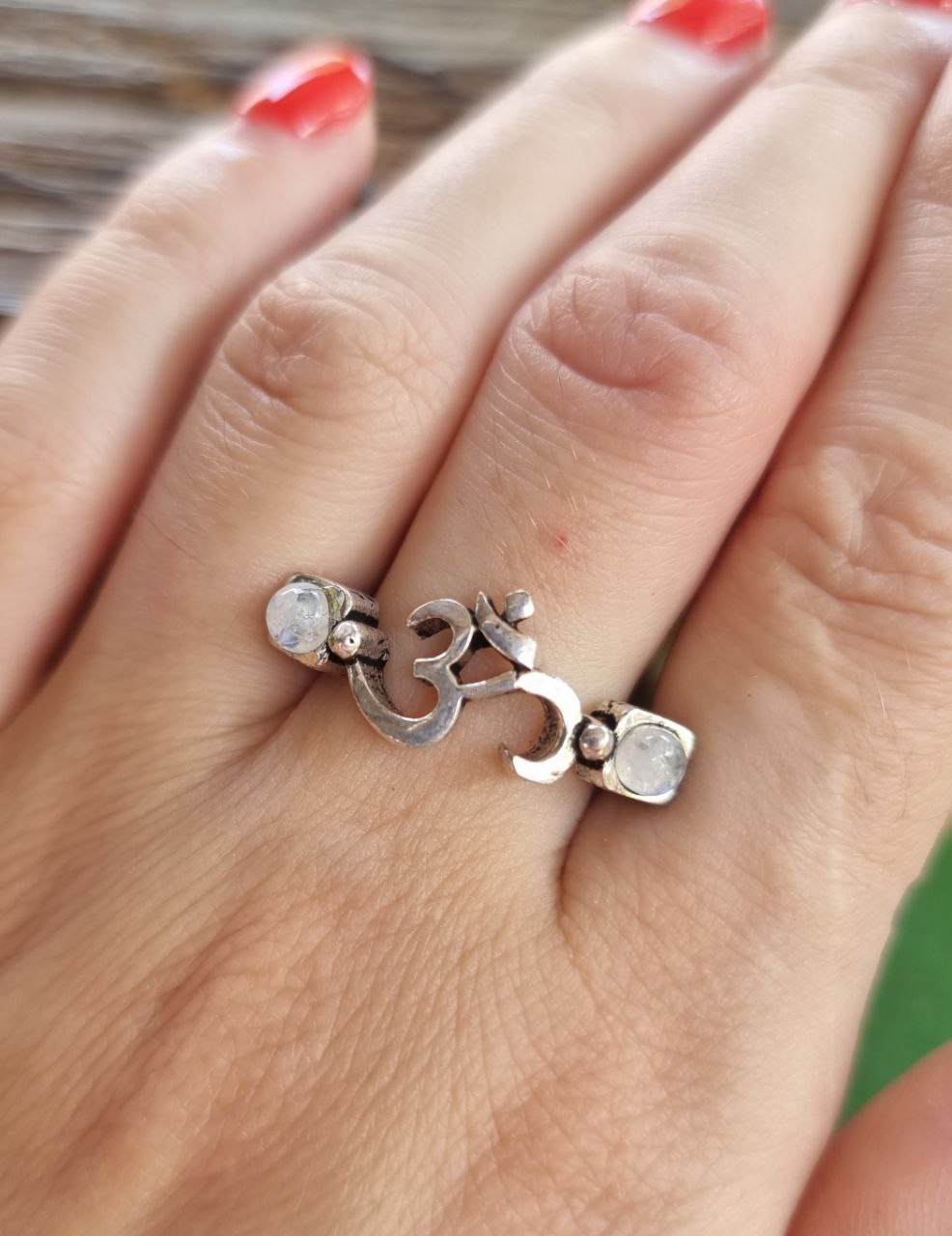 handmade boho-style Om moonstones ring from India