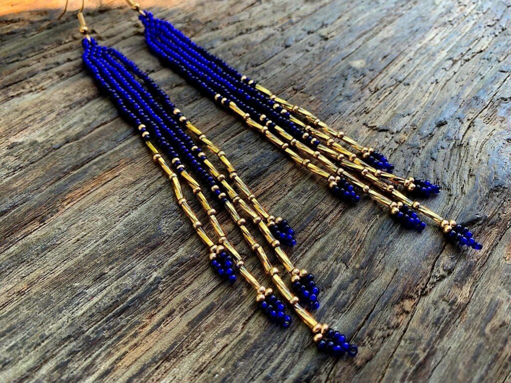 Long Blue Handmade Beaded Earrings