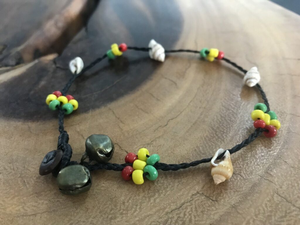 Handmade Macramé Anklet with Colorful Beads, Shells, and Bells