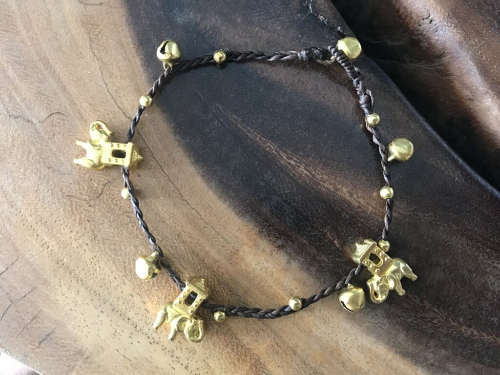 Handmade Macramé Anklet with Gold-Toned Elephant Beads and Bells