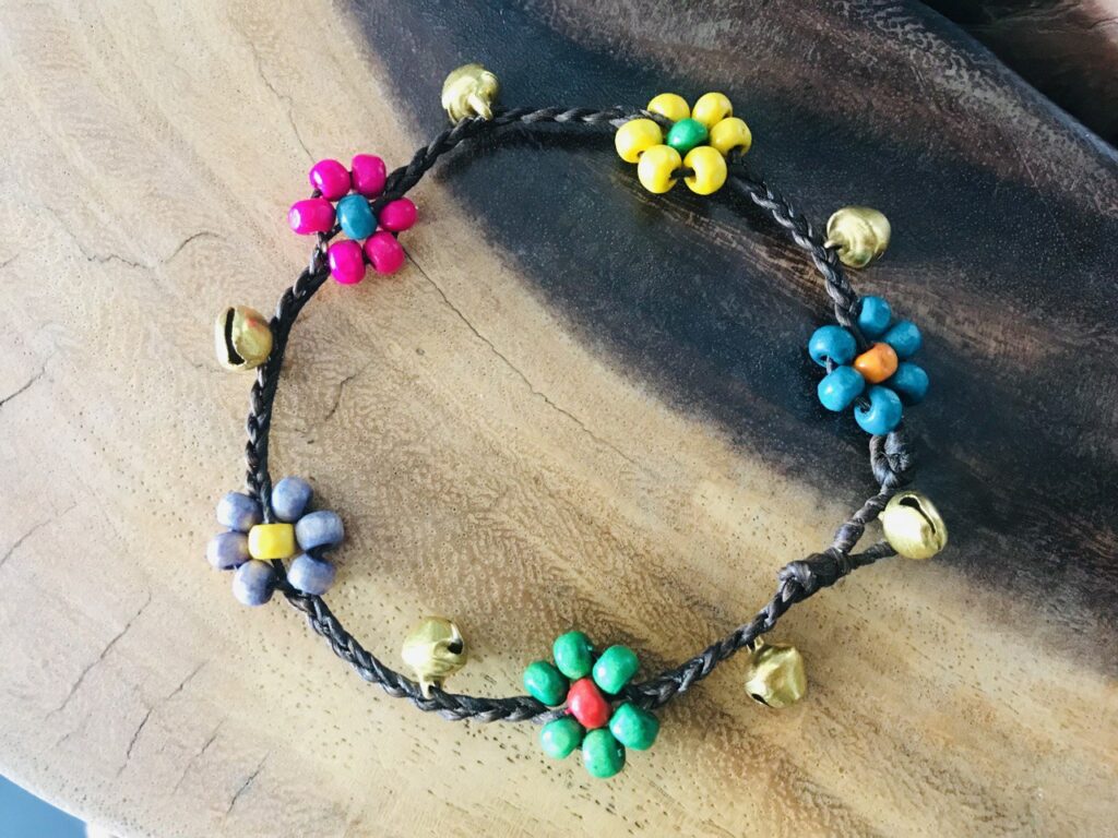 Handmade Macramé Anklets with Colorful Bead Flowers and Gold-Toned Bells