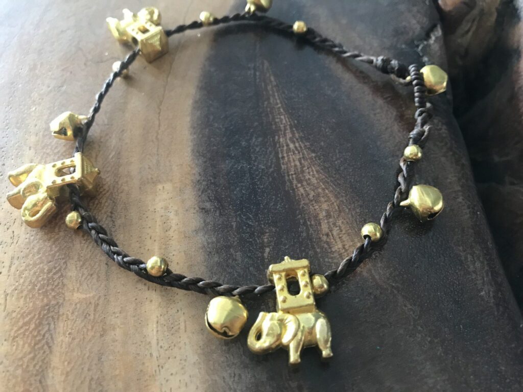 Handmade Macramé Anklet with Gold-Toned Elephant Beads and Bells