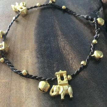 Handmade Macramé Anklet with Gold-Toned Elephant Beads and Bells