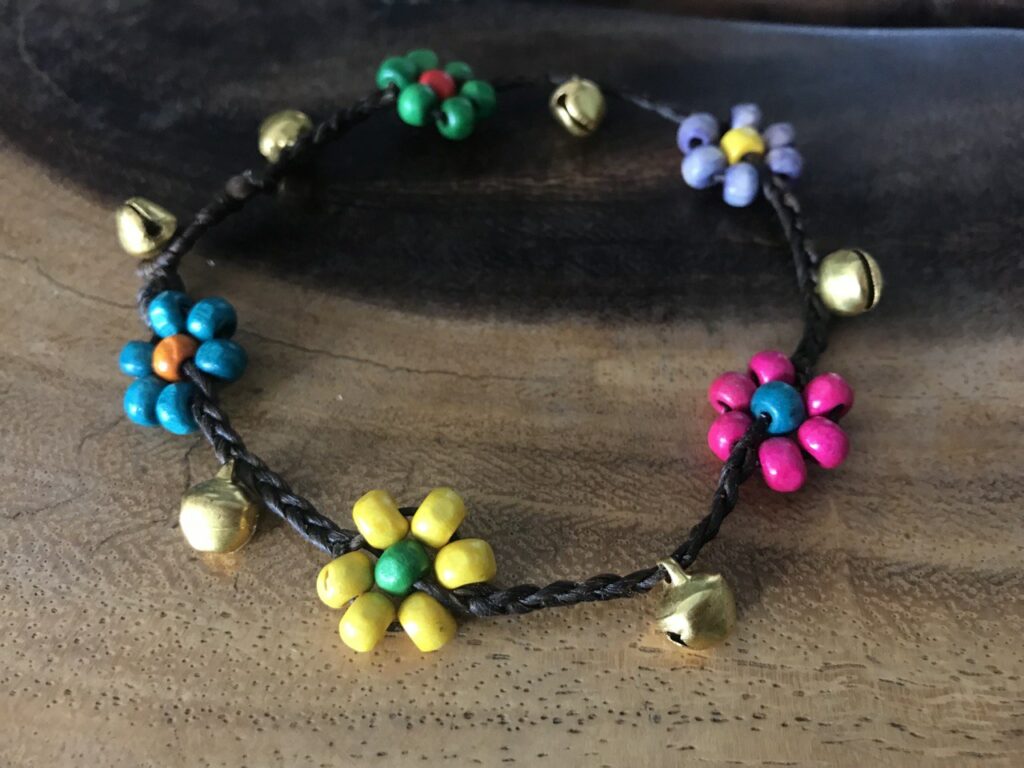 Handmade Macramé Anklets with Colorful Bead Flowers and Gold-Toned Bells