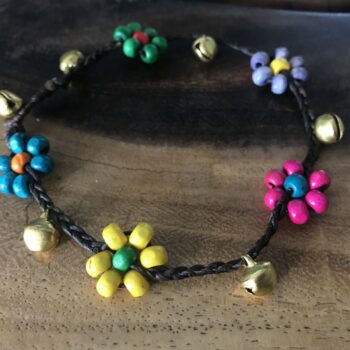 Handmade Macramé Anklets with Colorful Bead Flowers and Gold-Toned Bells