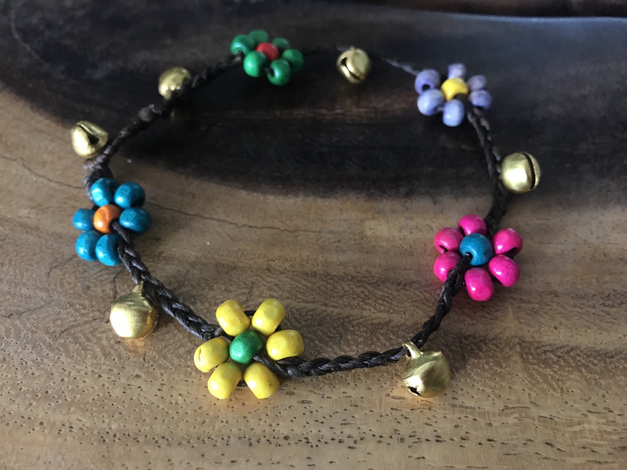 Handmade Macramé Anklets with Colorful Bead Flowers and Gold-Toned Bells