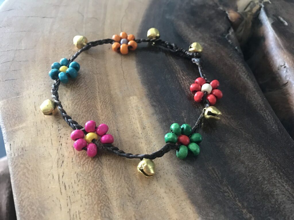 Handmade Macramé Anklets with Colorful Bead Flowers and Gold-Toned Bells