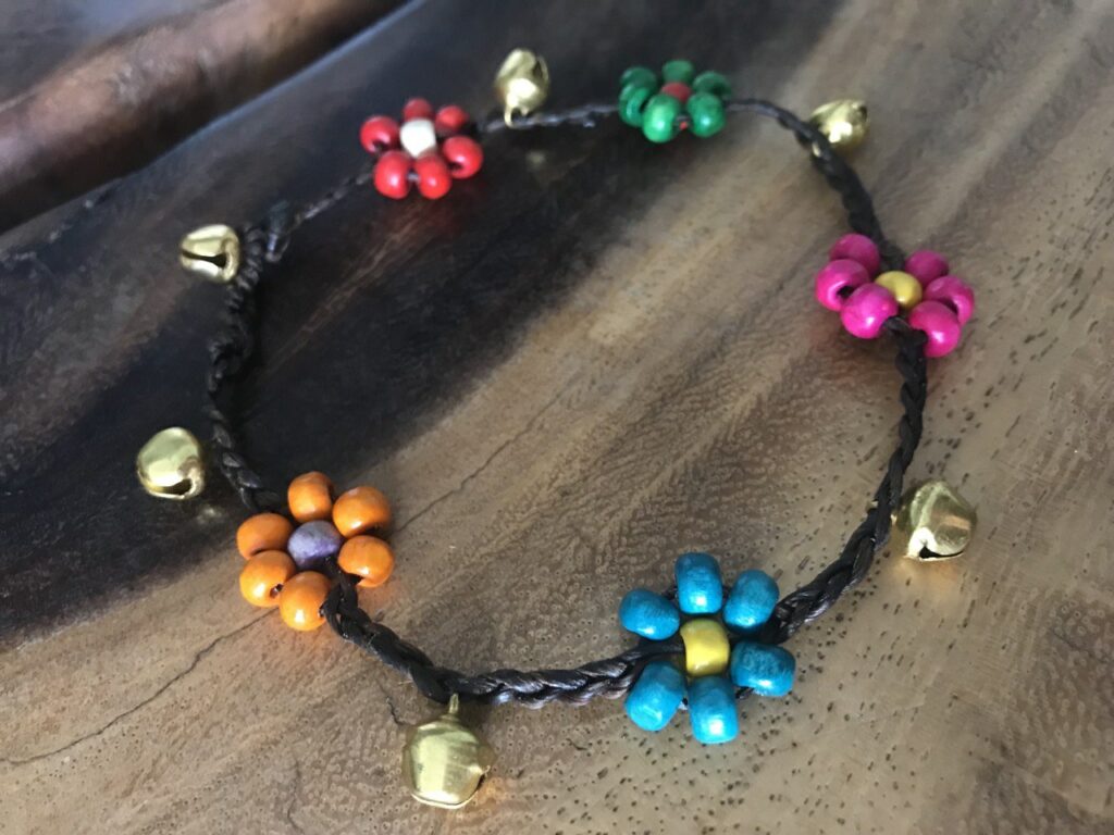 Handmade Macramé Anklets with Colorful Bead Flowers and Gold-Toned Bells