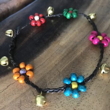 Handmade Macramé Anklets with Colorful Bead Flowers and Gold-Toned Bells