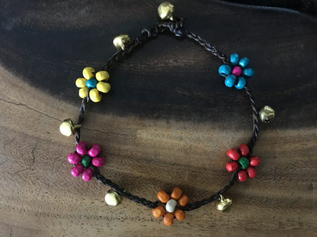 Handmade Macramé Anklets with Colorful Bead Flowers and Gold-Toned Bells