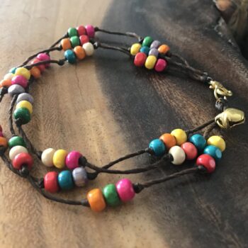 Handmade Three-Strand Macramé Anklet with Colorful Beads and Gold-Toned Bell