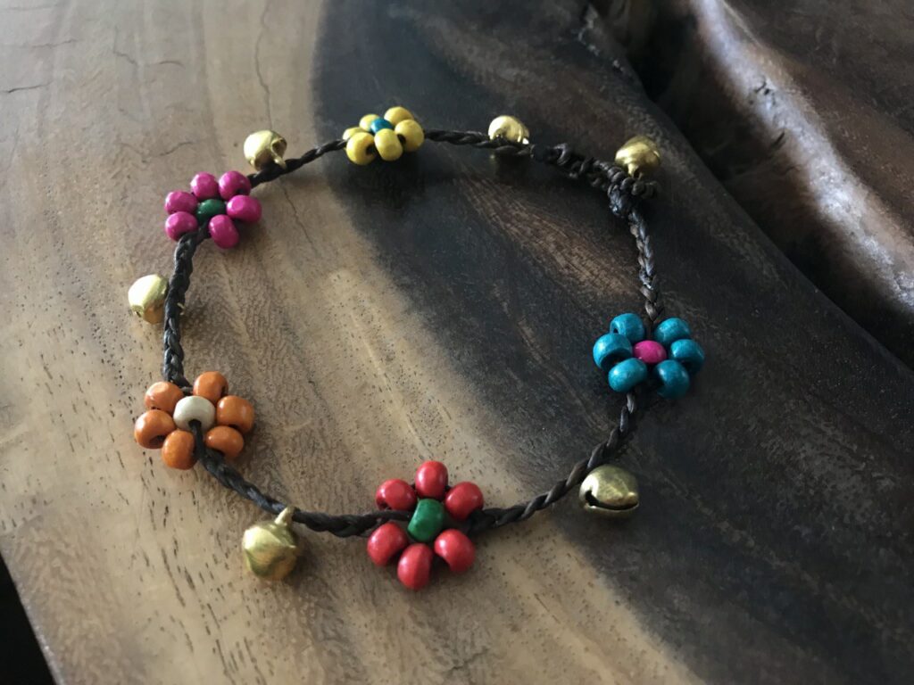 Handmade Macramé Anklets with Colorful Bead Flowers and Gold-Toned Bells