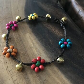 Handmade Macramé Anklets with Colorful Bead Flowers and Gold-Toned Bells