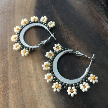 Handmade Beaded Hoop Earrings with Metallic, Milky, and Light Orange Flowe