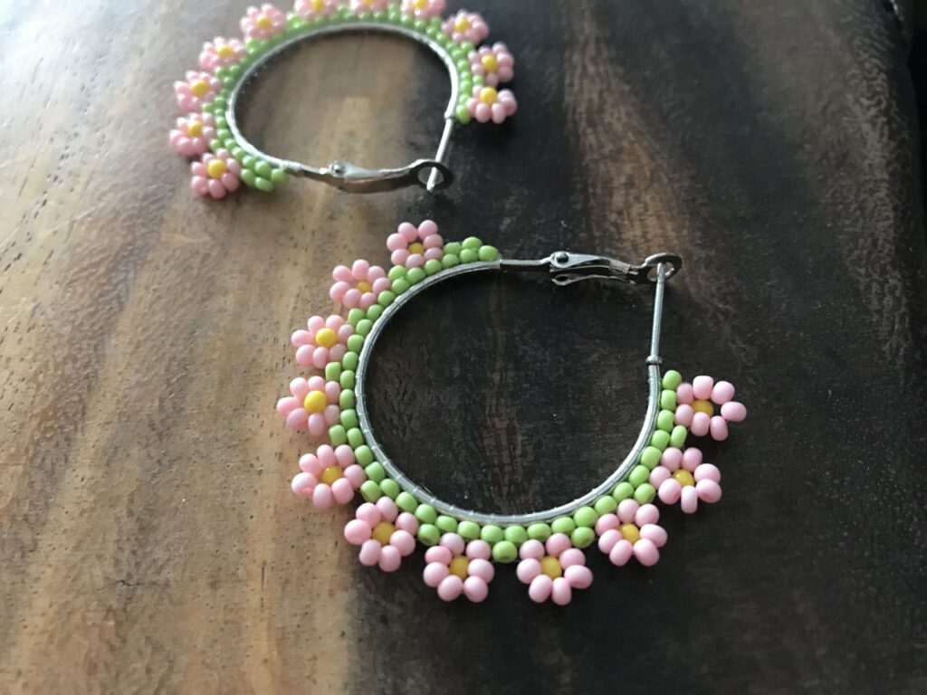 Handmade Beaded Hoop Earrings with Light Pink and Green Flowers