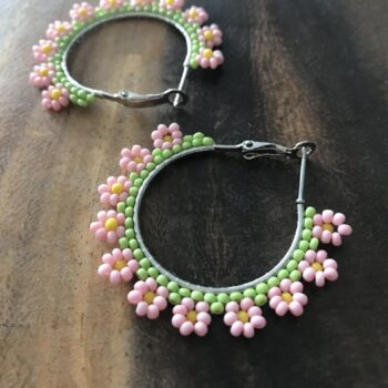 Handmade Beaded Hoop Earrings with Light Pink and Green Flowers