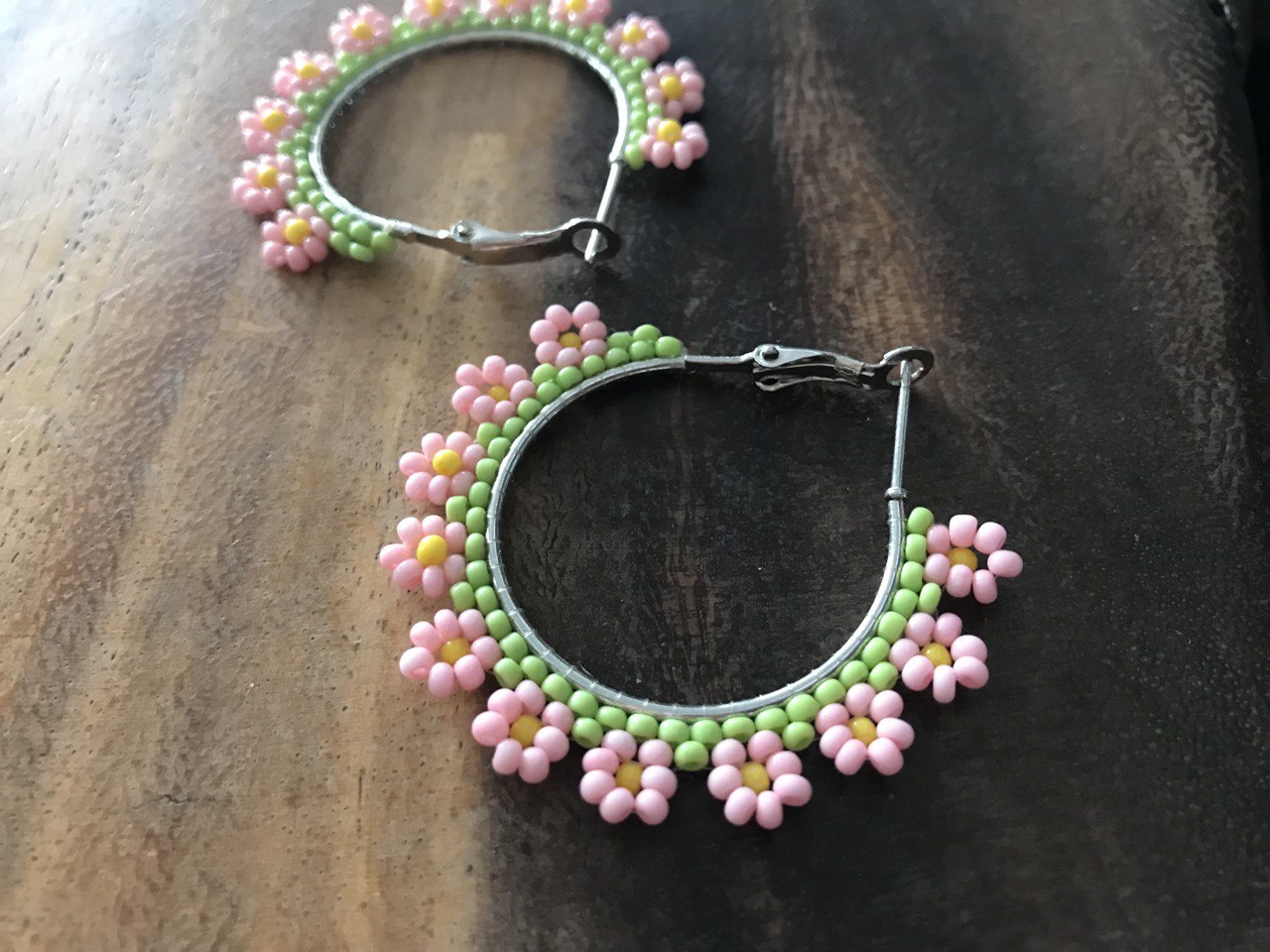 Handmade Beaded Hoop Earrings with Light Pink and Green Flowers