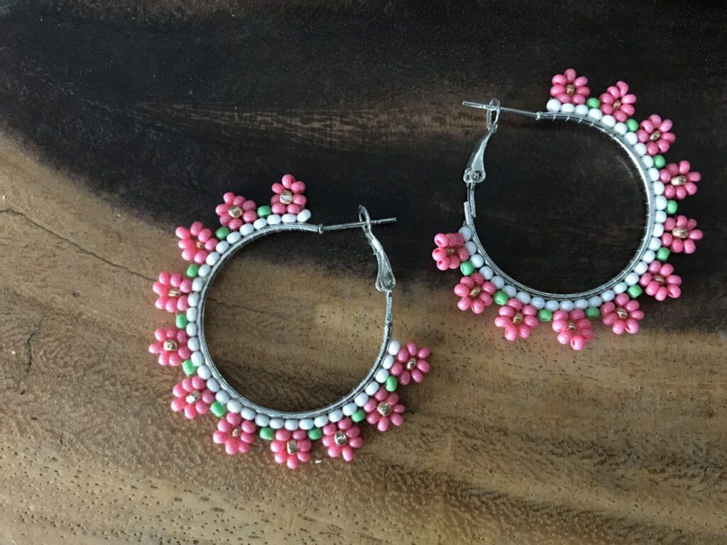 Handmade Beaded Hoop Earrings with Light Pink, White, and Light Green Flowers