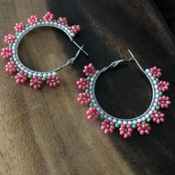 Handmade Beaded Hoop Earrings with Light Pink, White, and Light Green Flowers