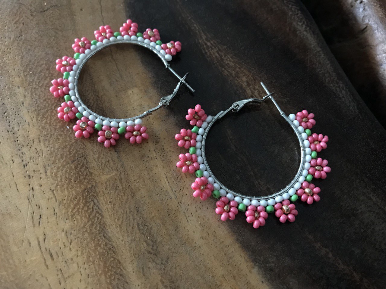 Handmade Beaded Hoop Earrings with Light Pink, White, and Light Green Flowers