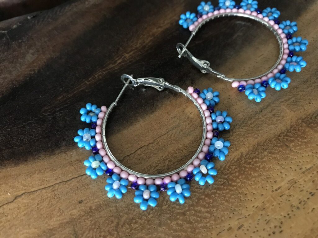 Handmade Beaded Hoop Earrings with Light Blue, Pink, and Blue Flowers