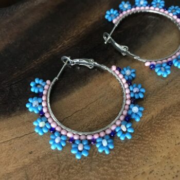 Handmade Beaded Hoop Earrings with Light Blue, Pink, and Blue Flowers