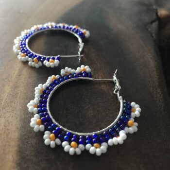 Handmade Beaded Hoop Earrings with Light Blue, White, and Light Orange Flowers