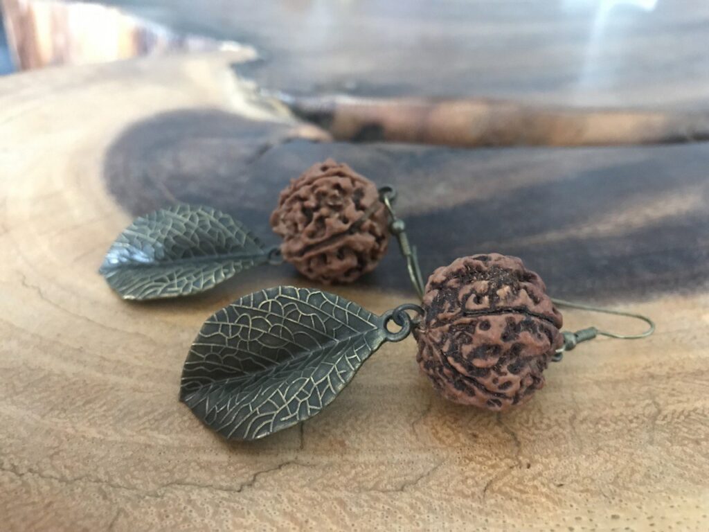 5 Mukhi Rudraksha Earrings with Brass-Toned Leaf