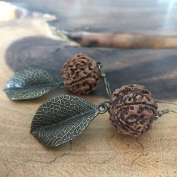 5 Mukhi Rudraksha Earrings with Brass-Toned Leaf