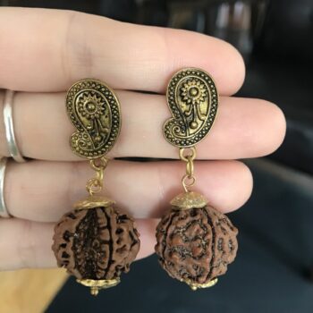 5 Mukhi Rudraksha Earrings with Gold-Toned Paisley