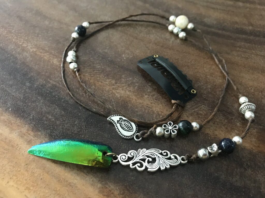 Boho Style Hair Accessory with Brown Waxed Cord, Silver Beads, Beetle Wing, and Gemstones