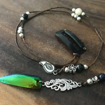 Boho Style Hair Accessory with Brown Waxed Cord, Silver Beads, Beetle Wing, and Gemstones