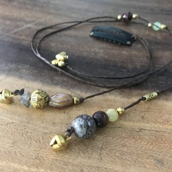 Boho Style Hair Accessory with Brown Waxed Cord, Beads, Bells, and Gemstones