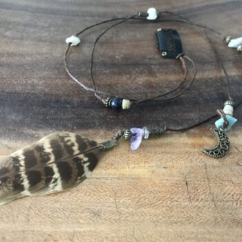 Boho Style Hair Accessory with Brown Waxed Cord, Brass Beads, Feather, Gemstones, and Moon Charm