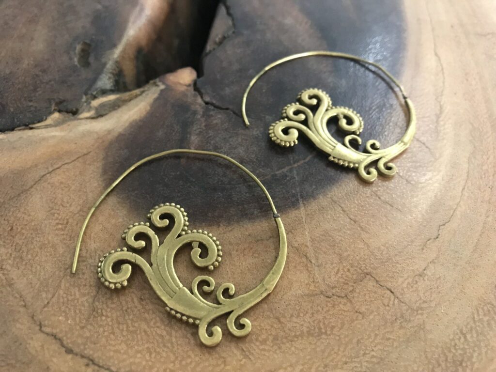 Ethnic Style Brass Spiral Earrings with Scrollwork - 4.5 cm