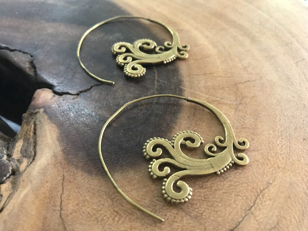 Ethnic Style Brass Spiral Earrings with Scrollwork - 4.5 cm