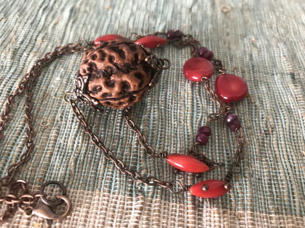 4 Mukhi Rudraksha Pendant with Red Corals and Rubies