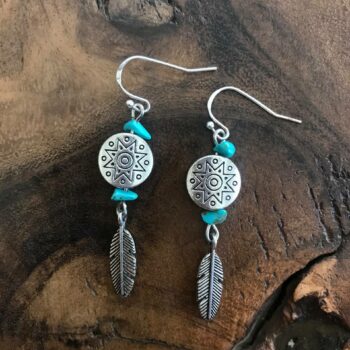 handcrafted earrings, featuring beautiful turquoise beads and a delicate feather charm in an enchanting Native American style