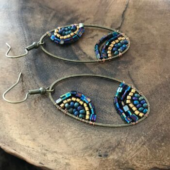 Beaded Bronze and Blue Metallic Earrings