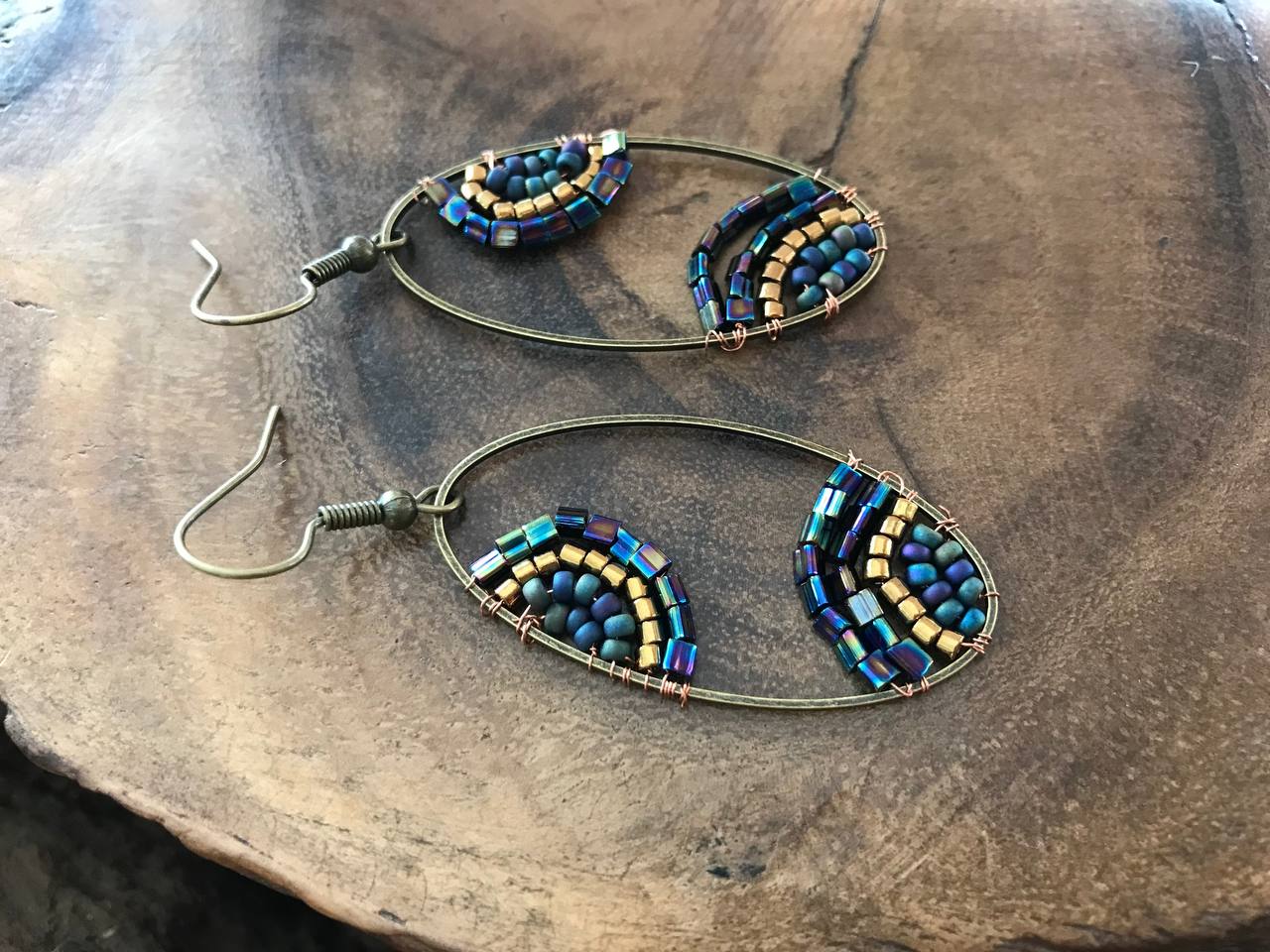 Beaded Bronze and Blue Metallic Earrings