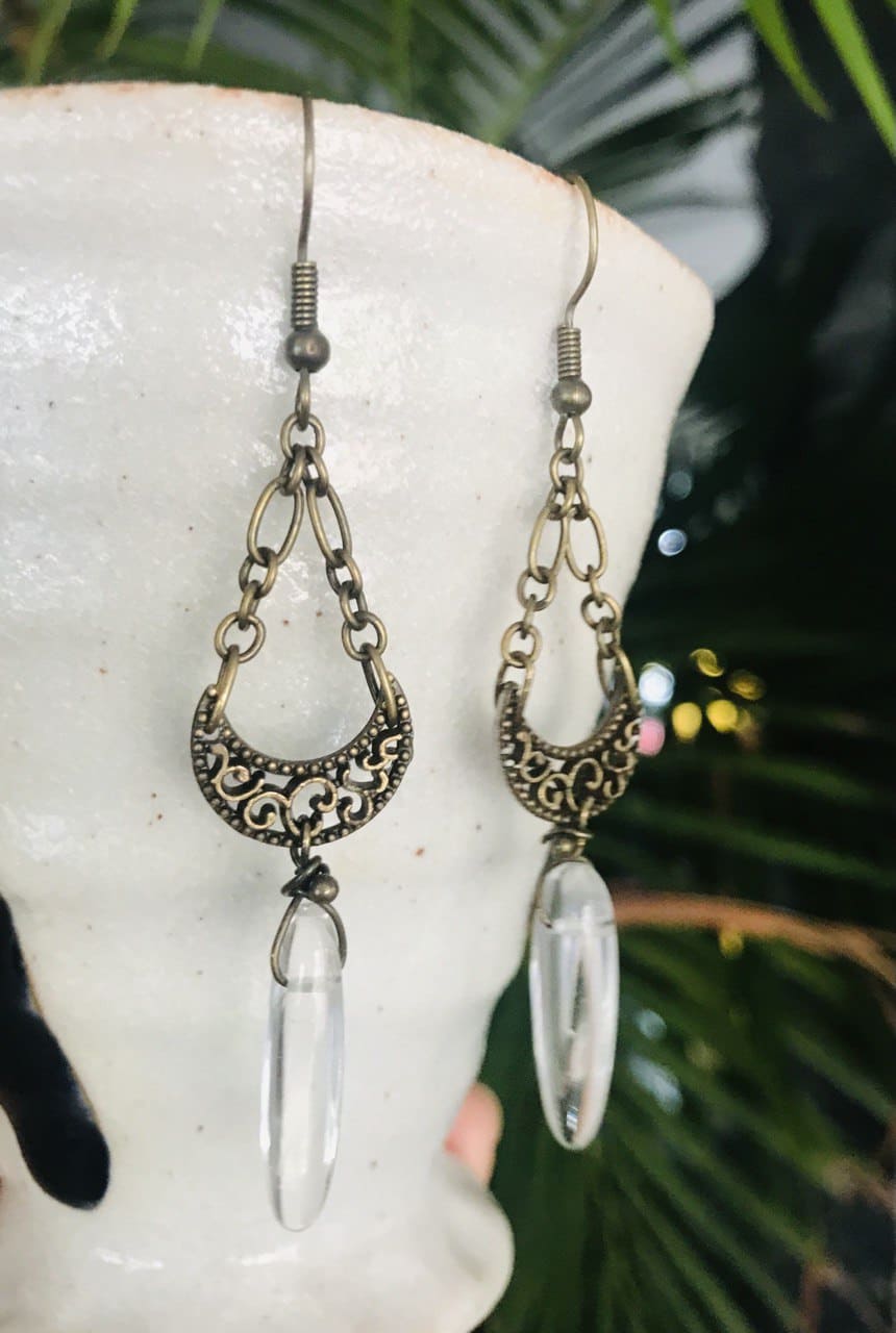 Brass Crescent Moon and Clear Quartz Earrings