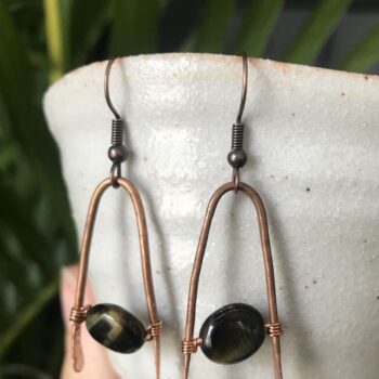 Copper Wire Earrings with Hawk's Eye Stone