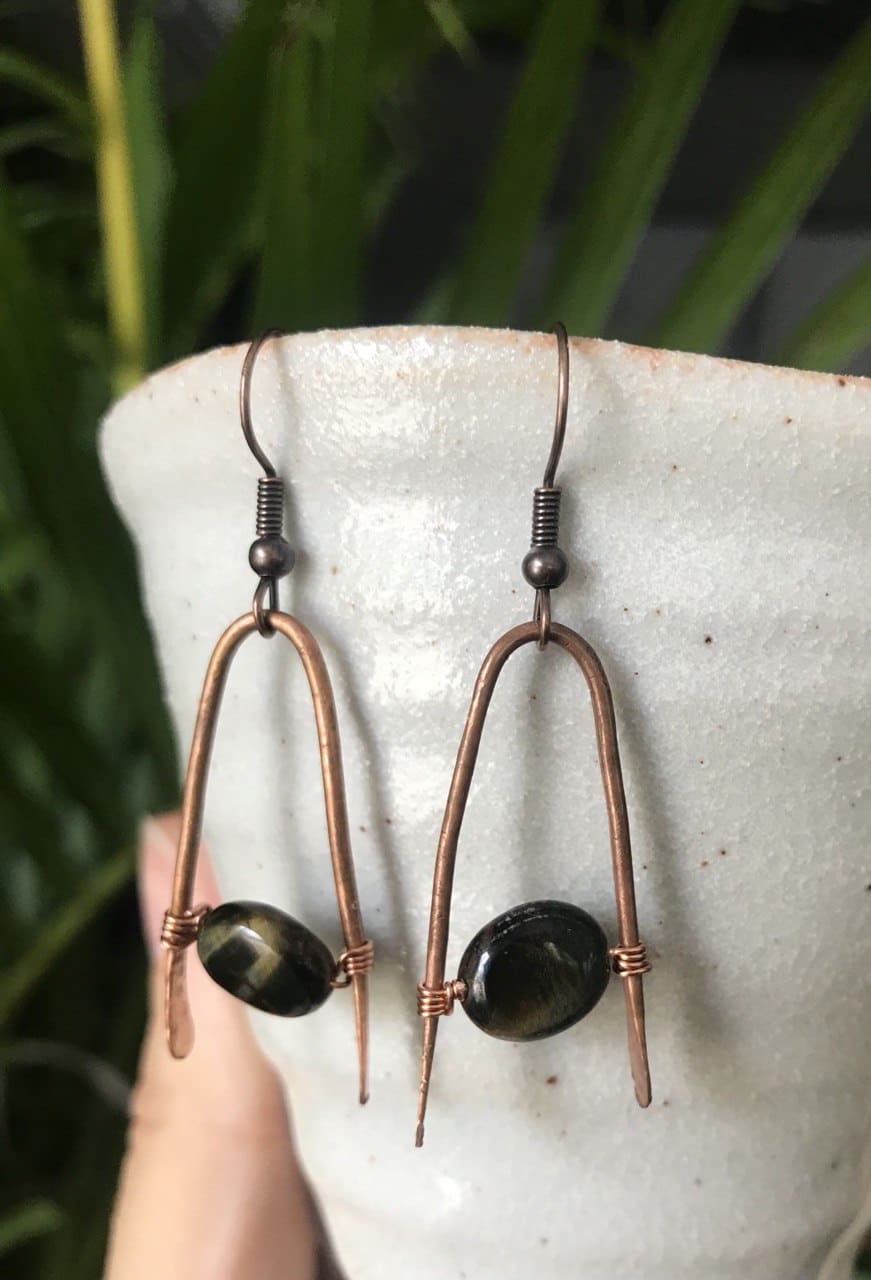 Copper Wire Earrings with Hawk's Eye Stone