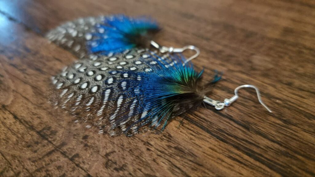 Handcrafted Feather Earrings with Peacock and Spotted Grey Feathers – Bohemian Elegance in Every Detail