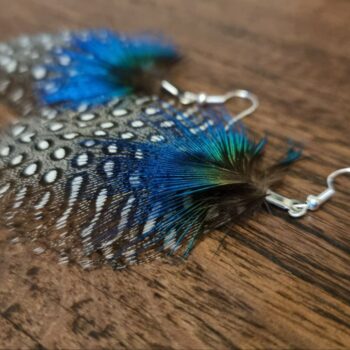 Handcrafted Feather Earrings with Peacock and Spotted Grey Feathers – Bohemian Elegance in Every Detail